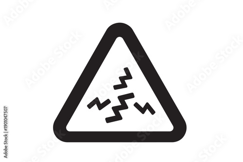 Black triangular warning sign with jagged lines, symbolizing loose gravel or uneven road conditions on a white background