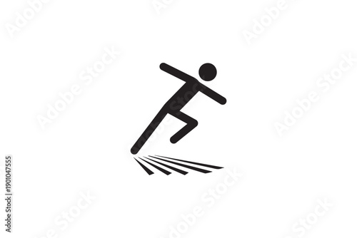 Minimalist black silhouette of person slipping on wet surface icon isolated on white background depicting safety hazard and workplace accident
