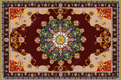 A classic Persian-style carpet design featuring a highly symmetrical composition with an intricate central medallion formed by layered geometric and floral motifs.