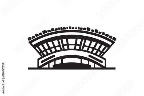Stylized sports stadium silhouette showing arched grandstand structure and tiered seating rows isolated on white background for athletic branding