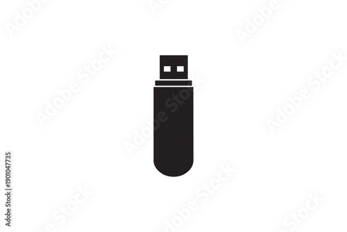 Simple black silhouette of a vertical USB flash drive without a cap on a clean white background