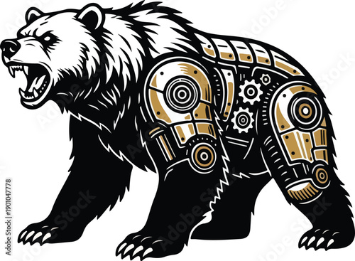 Aggressive cyborg bear with intricate mechanical armor and roaring expression