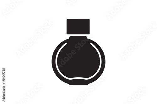 Minimalist black icon representing perfume bottle with circular body and stopper for fragrance and beauty product advertising and cosmetic packaging design