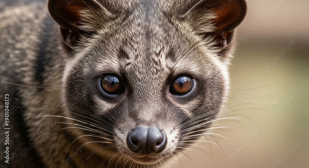 Fototapeta premium Civet walking along forest ground at night, showing elongated body and masked face. A nocturnal mammal known for adaptability, omnivorous diet, and role in forest ecosystems.