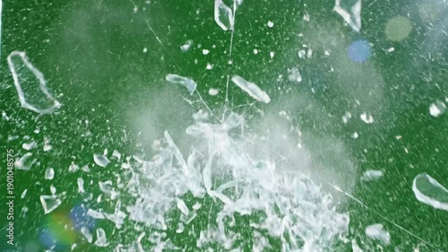 Green Screen glass broken splash with chroma key as background scene 4 distortion, overlay, glitch, static noise, scan lines on black background, 4k animated video loop