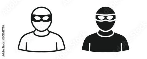 Masked thief icon set in outline and silhouette style, anonymous user, cyber crime, security threat, vector illustration.