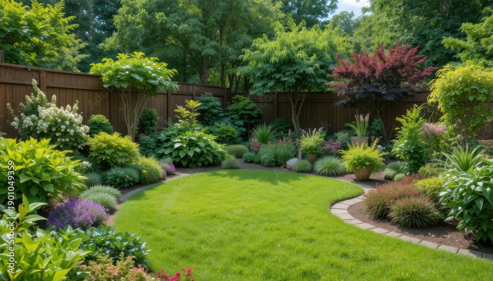 Obraz premium Garden Scene With Various Plants and Trees in a Well-Maintained Outdoor Space During Daytime