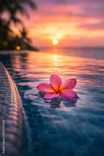 Pink plumeria flower floating in an infinity pool at a sunset tropical vacation destination