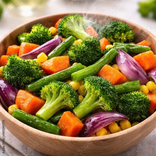 Steam rising from bowl of freshly cooked colorful vegetables including broccoli and onions