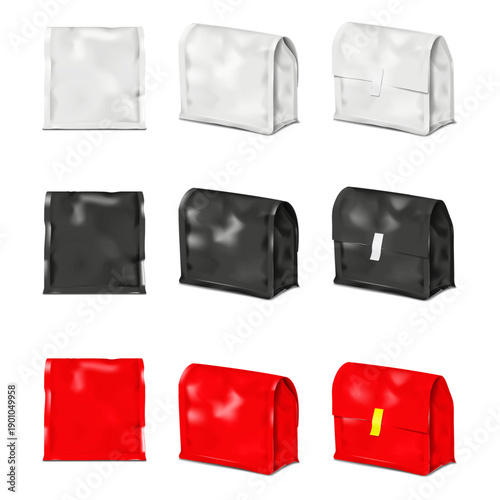 Flat bottom bag with folding top, label sticker. Front, half turn, back. White, black, red color. Realistic 3d vector mockup set. Gusseted pouch package isolated. Mock-up. Easy editable template
