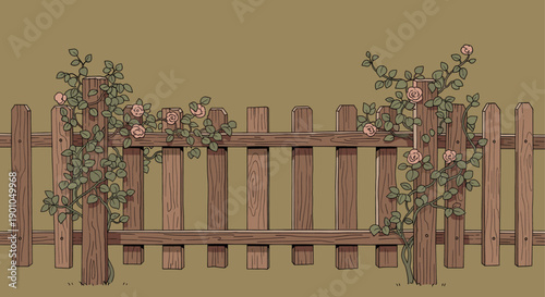Charming hand-drawn illustration of a weathered wooden fence adorned with climbing roses. Ideal for backgrounds, invitations, gardening blogs, or adding a touch of rustic elegance.