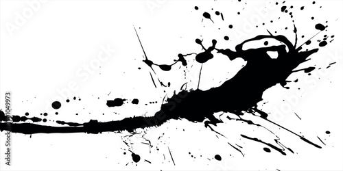 Abstract black ink splatter on white background, artistic splash with fine details