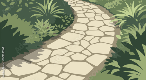 Vector illustration of a winding stone pathway through dense green foliage, perfect for garden design, landscaping, or relaxation themed projects. Ideal for websites, brochures, or social media.