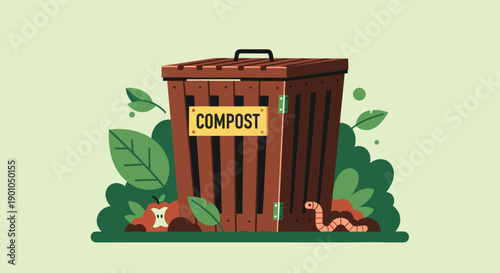 Cartoon compost bin illustration with worm, leaves, and apple core.  Ideal for educational materials, eco-friendly initiatives, and recycling campaigns. Nature, sustainability.