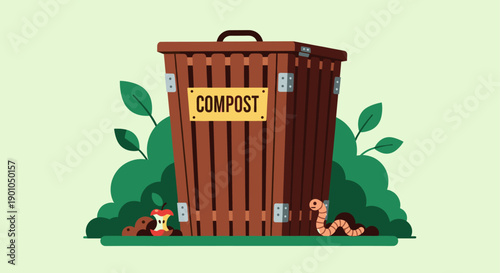 A cartoon illustration of a compost bin with an apple core, worm, and greenery. Perfect for educational materials, environment themes, and sustainable living projects.