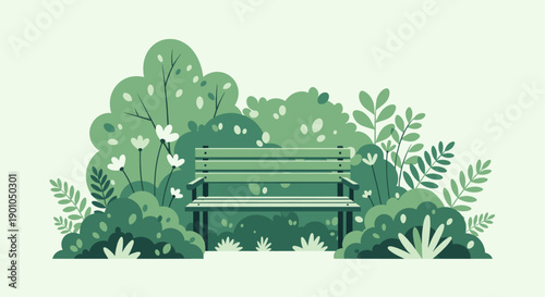 A simple, appealing illustration of a green bench nestled amongst lush bushes and foliage. Ideal for websites, apps, and designs needing an eco-friendly or nature theme.