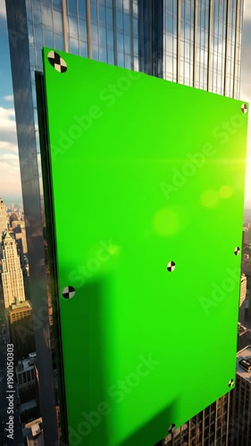 Green Screen on side of a skyscraper in new york with tracking markers 3d render scene 2 distortion, overlay, glitch, static noise, scan lines black background, 4k animated video loop