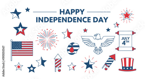 4th of July patriotic icons set, Independence Day vector graphics, American flag, fireworks, eagle, stars, banner or poster elements, isolated on transparent background, png