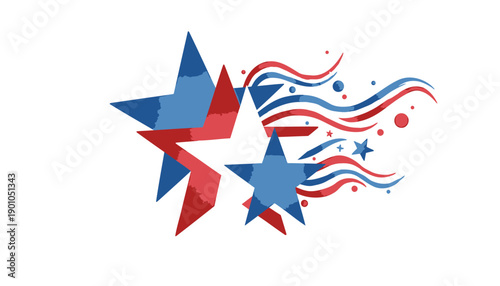 Red, white, and blue starburst with wavy ribbons and dots, patriotic vector graphic for Independence Day or Memorial Day celebration, banner or poster decoration
