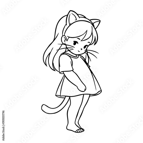 Dibujo sencillo con líneas estilo anime de una niña disfrazada con orejas, bigotes y cola de gato para la fiesta de carnaval
