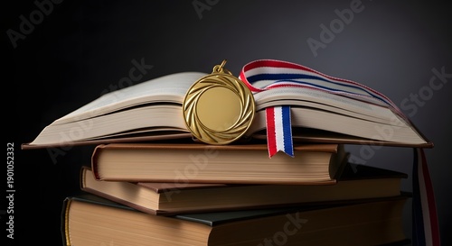 Stack of books with medal decoration