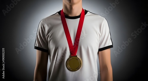 Man wearing gold medal on red ribbon around neck