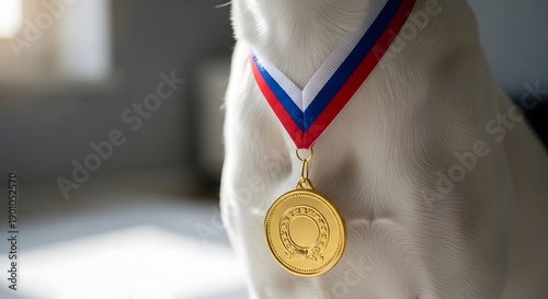 A gold medal on a red white and blue ribbon around a neck