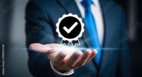 Businessman presenting a guarantee or quality assurance symbol