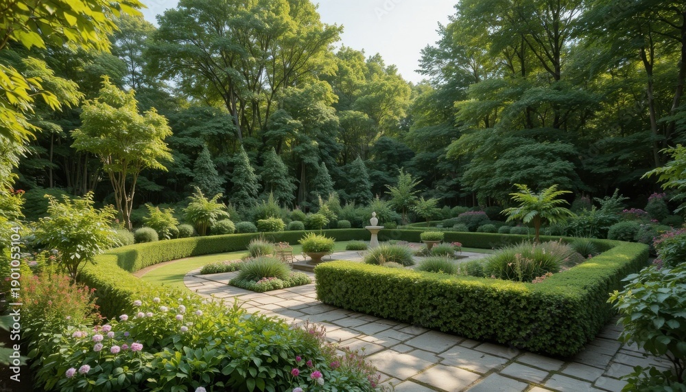Obraz premium Garden View With Plants and Shrubs in a Park Surrounded by Trees During Daytime in Bright Sunlight