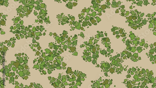 Camouflage military pattern with green and brown splotches on beige background, ideal for uniform design, outdoor gear, hunting apparel, and tactical illustration projects
