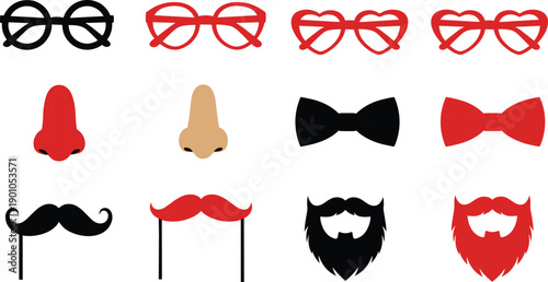 Cartoon vector illustration of funny disguise accessories including eyeglasses, noses, bow ties, mustaches, and beards, costume prop design for party and photo booth themes