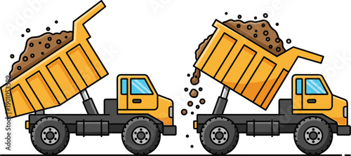 Cartoon vector illustration of two yellow dump trucks unloading soil, construction vehicle artwork showing earth-moving process, heavy machinery function, and building industry design concept