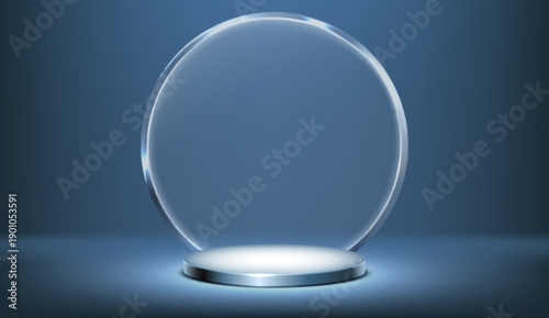 3D podium with round glass morphism decoration on blue background. Vector realistic illustration of circular platform for product advertising, award presentation showroom, soft shadow on floor