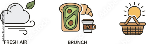 Fresh air, brunch, and picnic icons representing outdoor activities and meals