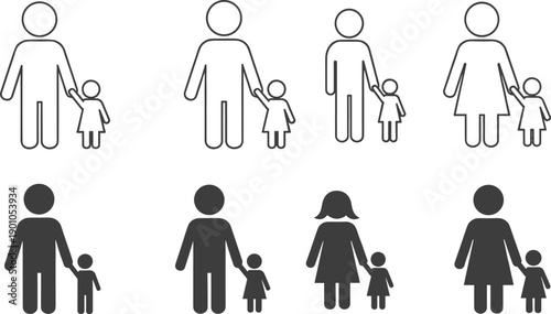 Set of outlined and solid icons showing parents holding children’s hands symbolizing family care, guardianship, child safety, and social connection for signage and design