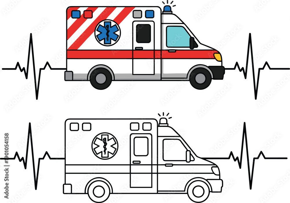 Fototapeta premium Vector illustration of ambulance front view with ECG heartbeat wave, colored and outline versions, emergency medical service design for healthcare, hospital, and rescue concepts