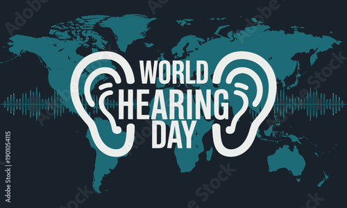 World Hearing Day Awareness Ear Icon on Dark Blue World Map