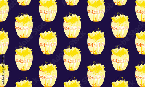 Holi festival pattern background with yellow dry powder in buckets and traditional ornament illustration