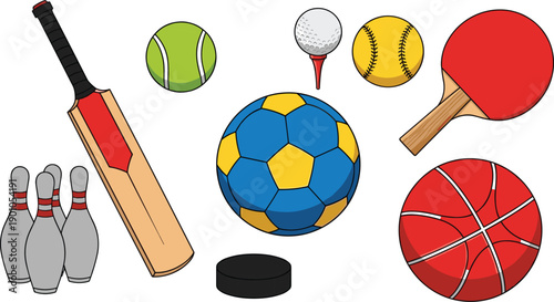 Vector illustration of diverse sports equipment including cricket bat, tennis ball, golf tee, softball, table tennis paddle, bowling pins, soccer ball, hockey puck, and basketball