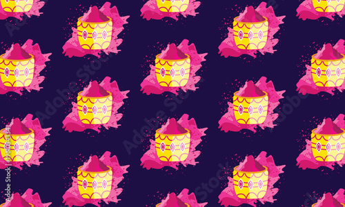 Holi festival pattern background with pink dry powder in buckets illustration