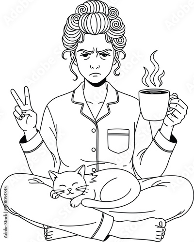 Black and white cartoon illustration of person in pajamas with curlers, cat on lap, coffee cup, peace sign gesture, funny morning character design vector