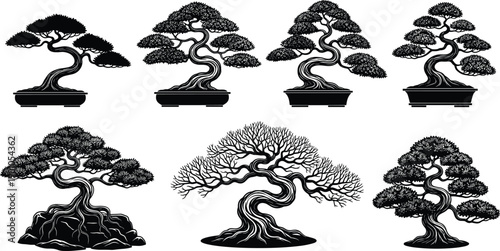 Bonsai tree silhouette collection featuring detailed miniature japanese plants isolated on white background vector illustration zen garden botanical design set