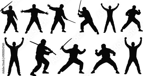 Martial arts fighter silhouette collection featuring combat stances and weapon poses isolated on white background vector action illustration set