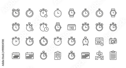 Time Management Icons: Clocks, Alarms, Calendars, and Stopwatches for Productivity
