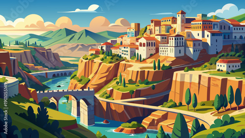 Very beautiful panoramic view of Constantine from afar, emphasizing layered cliffs, bridges, and compact urban development carved into Algeria’s dramatic natural terrain.