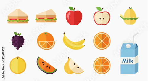 Assorted fruits and dairy products arranged neatly on a clean white surface viewed from directly above