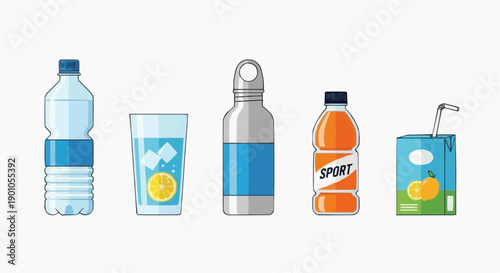 Assorted beverages including water, juice, and sports drink displayed in various containers