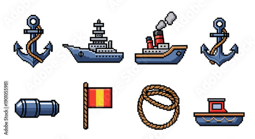 Pixel art nautical icons: ships, anchors, and marine elements set