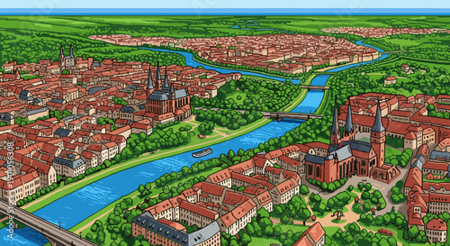 Colorful isometric cityscape with river and historic architecture