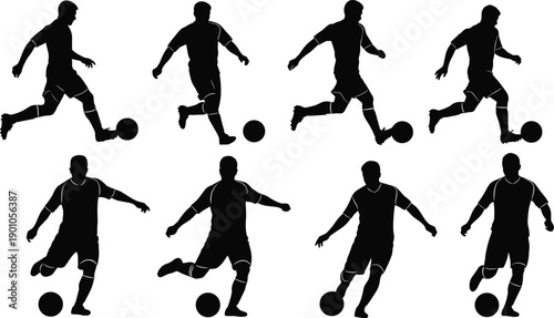 Soccer player silhouette collection featuring football dribbling and kicking poses isolated on white background vector illustration sports activity design set